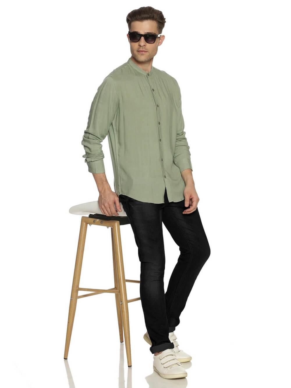 Rayon Sage Green Ultra Soft Skinny Fit Full Sleeve Shirt WeaversKnot