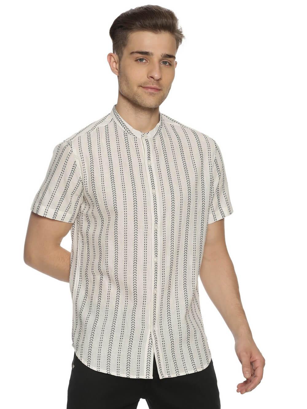 Handloom Woven White Stripes Men Slim Fit Half Sleeve Shirt WeaversKnot
