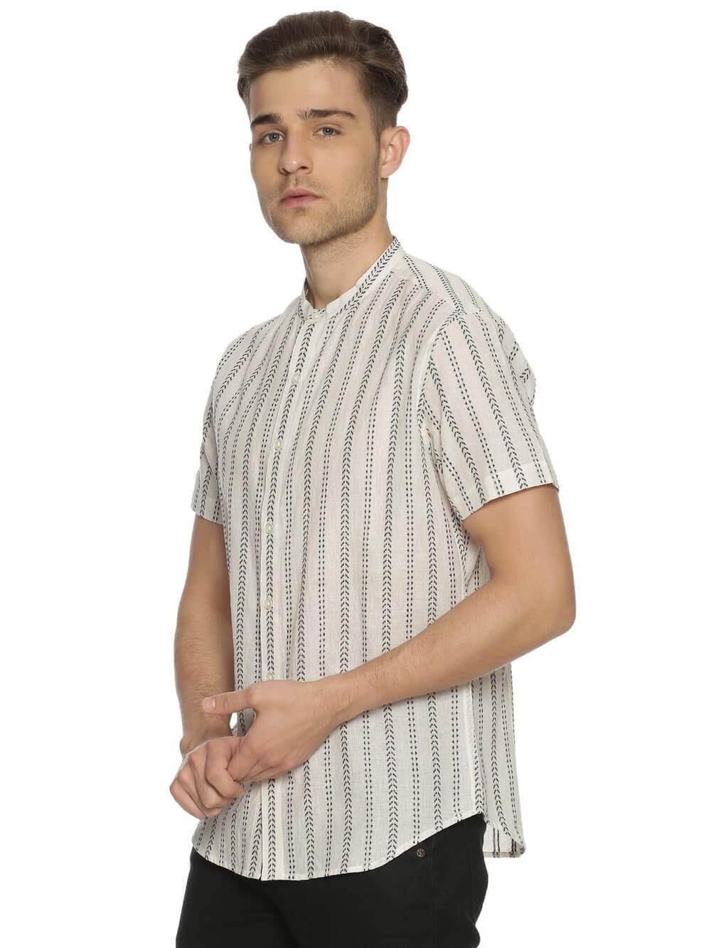 Handloom Woven White Stripes Men Slim Fit Half Sleeve Shirt WeaversKnot