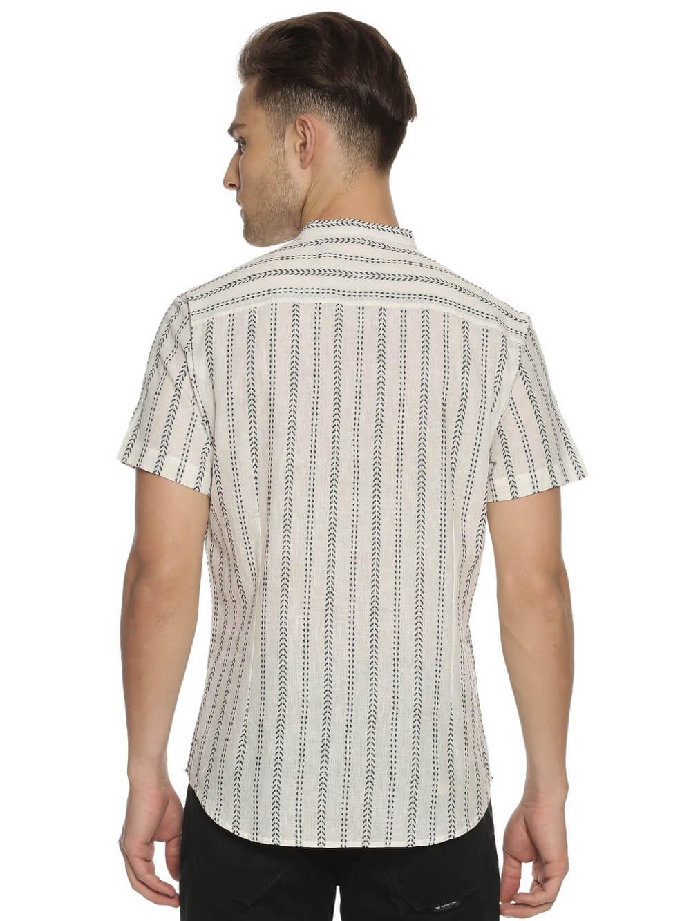 Handloom Woven White Stripes Men Slim Fit Half Sleeve Shirt WeaversKnot
