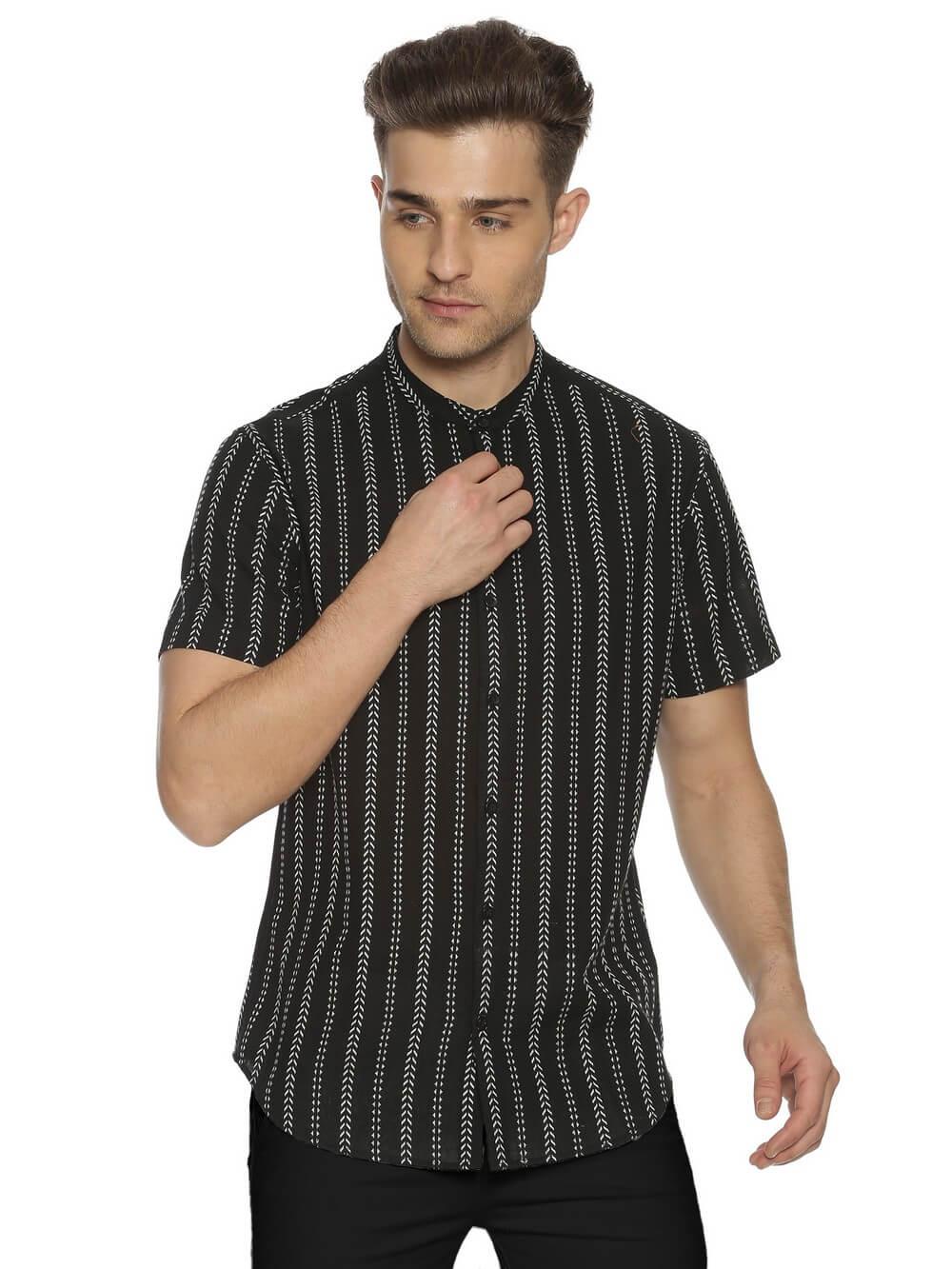 Handloom Woven Black Stripes Men Slim Fit Half Sleeve Shirt WeaversKnot