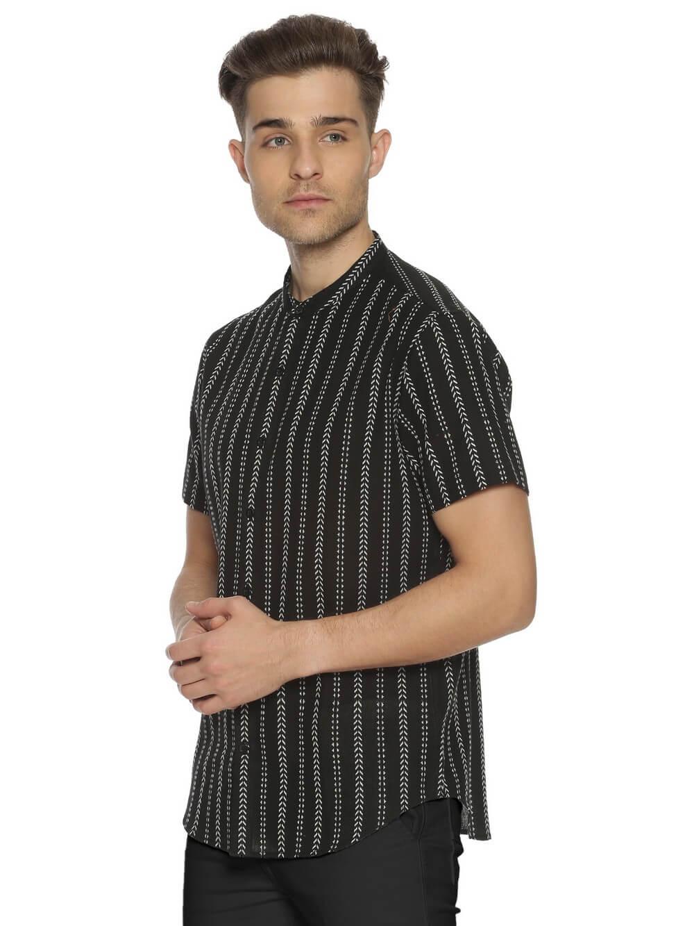 Handloom Woven Black Stripes Men Slim Fit Half Sleeve Shirt WeaversKnot
