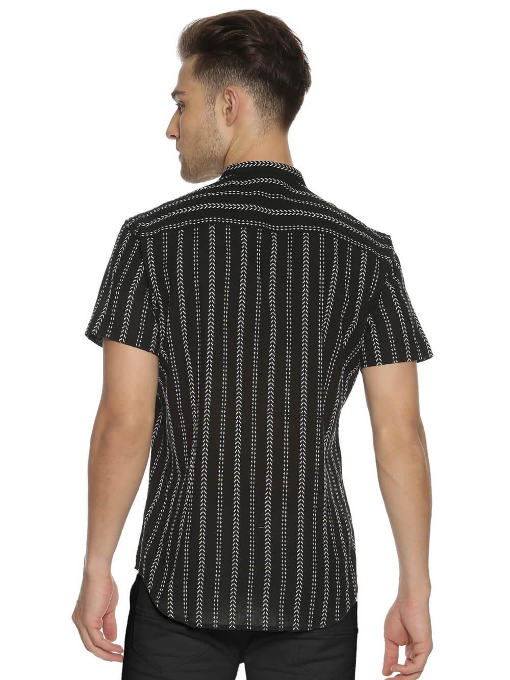 Handloom Woven Black Stripes Men Slim Fit Half Sleeve Shirt WeaversKnot