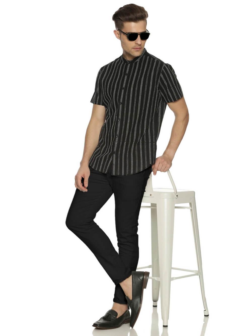 Handloom Woven Black Stripes Men Slim Fit Half Sleeve Shirt WeaversKnot