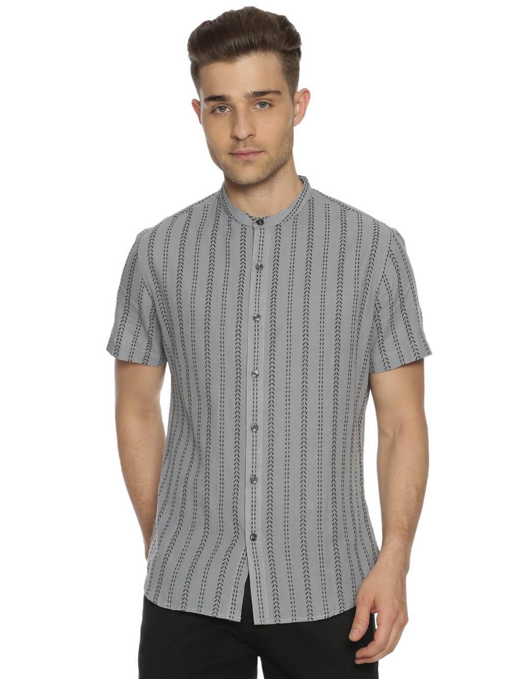 Handloom Woven Steel Gray Stripes Men Slim Fit Half Sleeve Shirt WeaversKnot