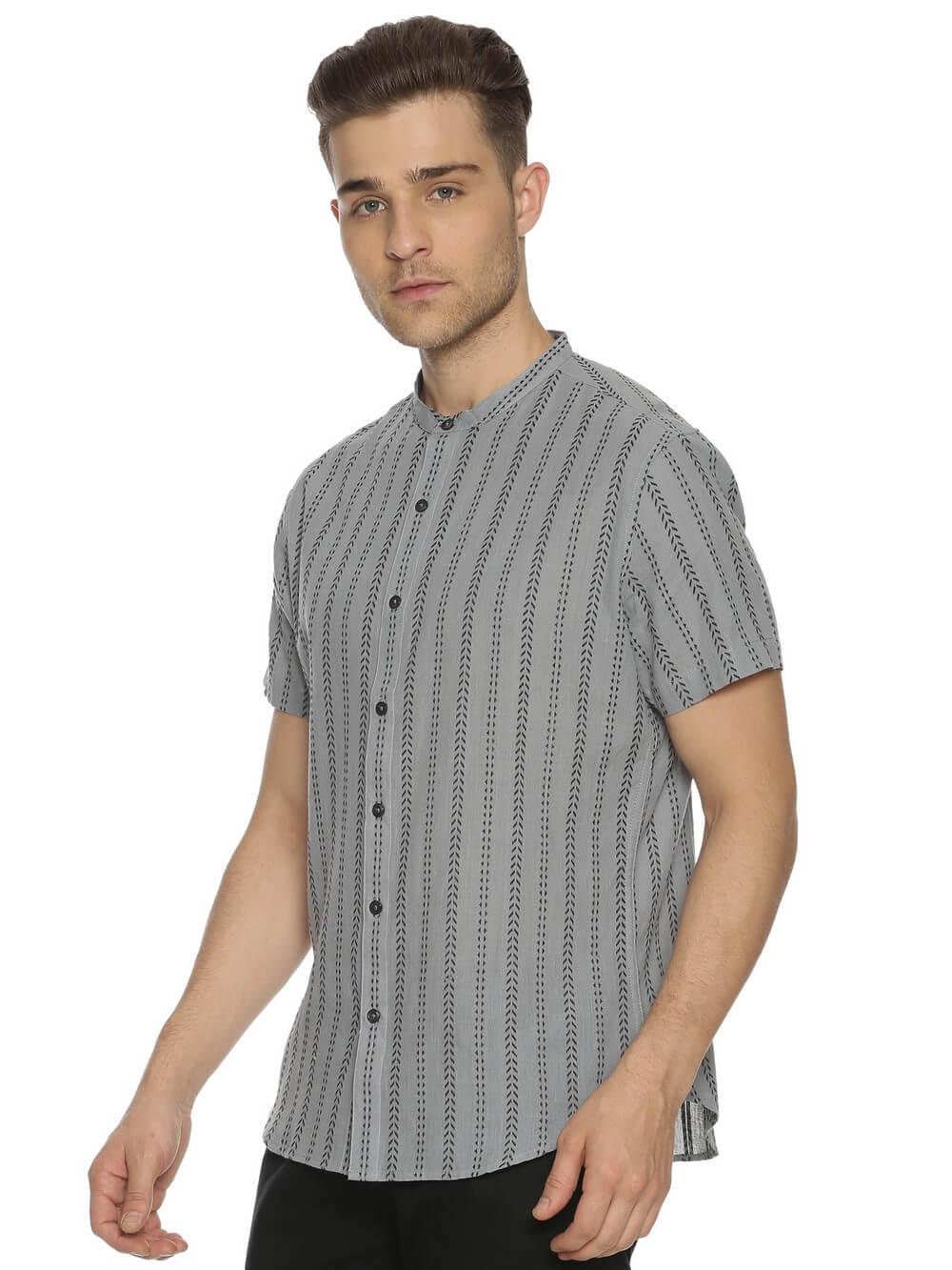 Handloom Woven Steel Gray Stripes Men Slim Fit Half Sleeve Shirt WeaversKnot