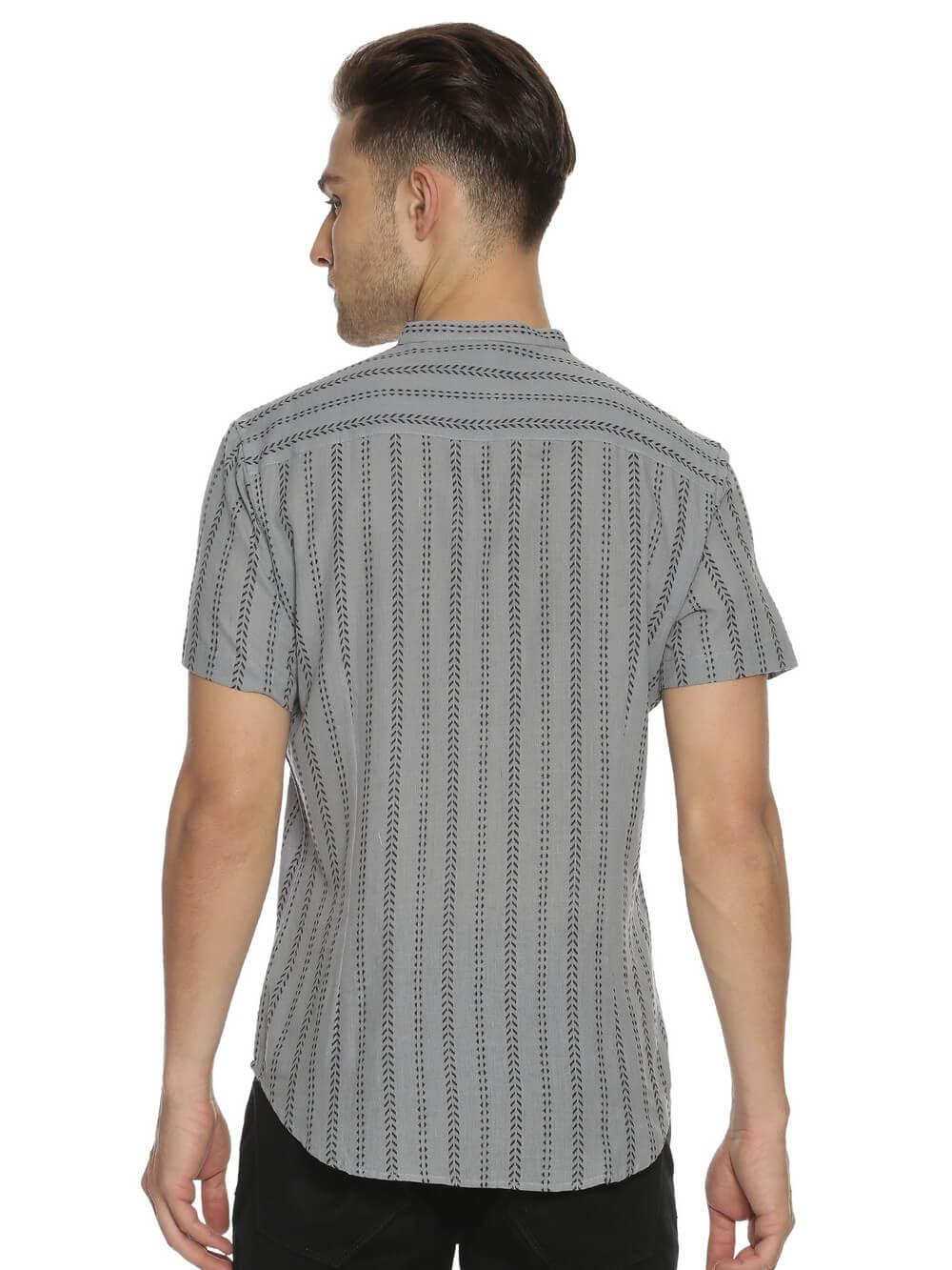 Handloom Woven Steel Gray Stripes Men Slim Fit Half Sleeve Shirt WeaversKnot