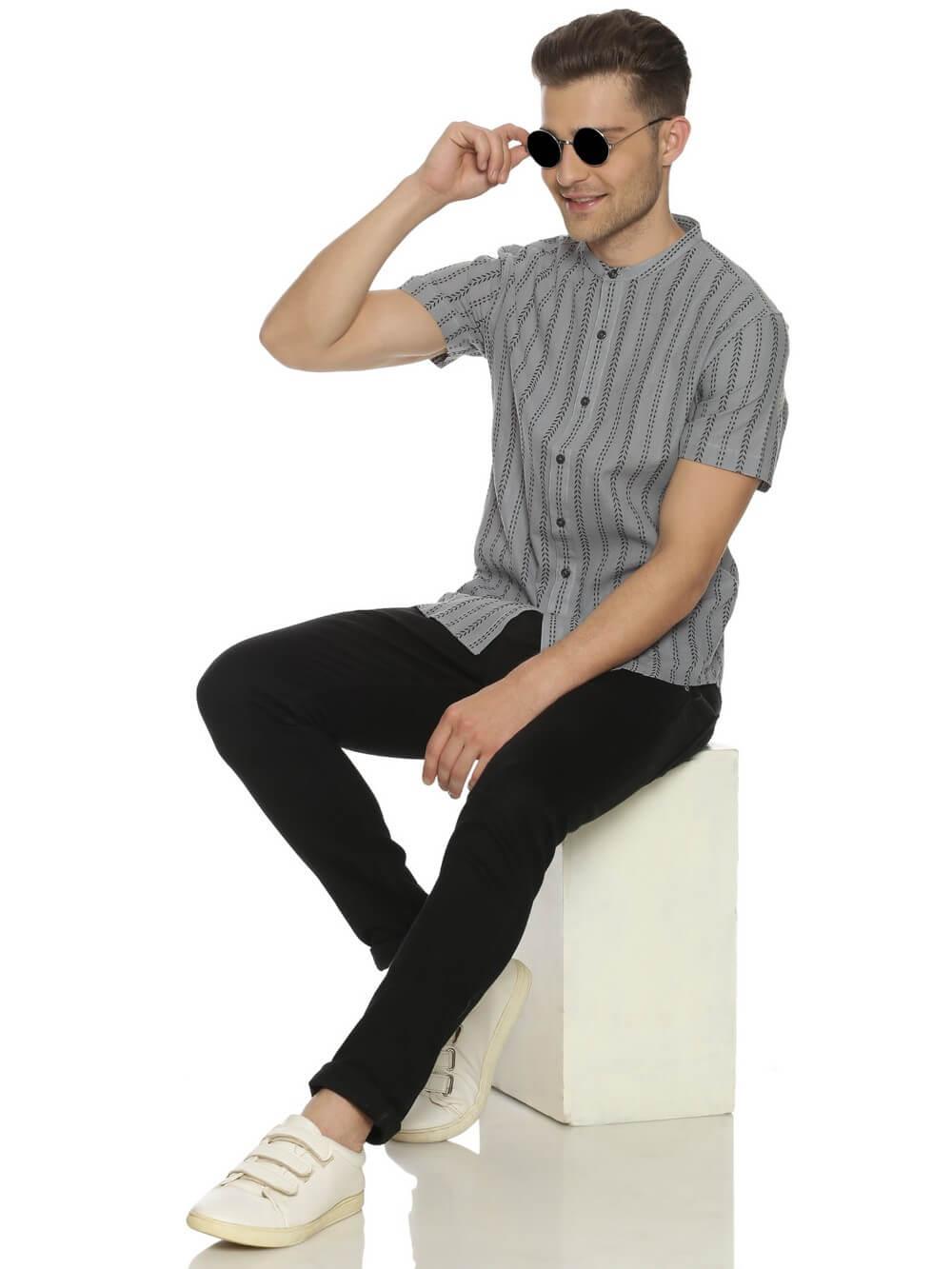 Handloom Woven Steel Gray Stripes Men Slim Fit Half Sleeve Shirt WeaversKnot