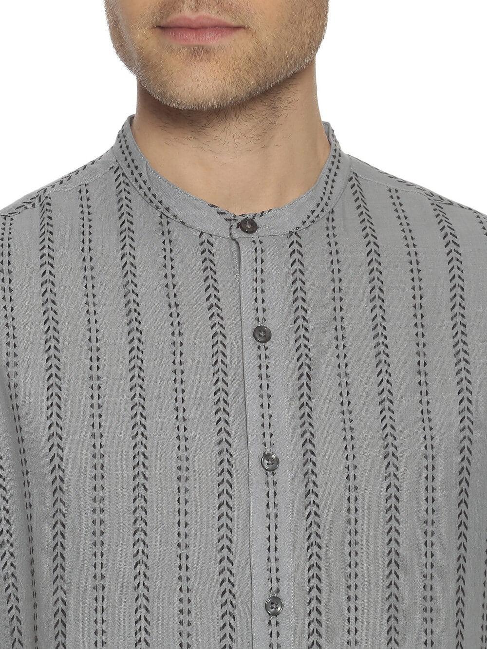 Handloom Woven Steel Gray Stripes Men Slim Fit Half Sleeve Shirt WeaversKnot