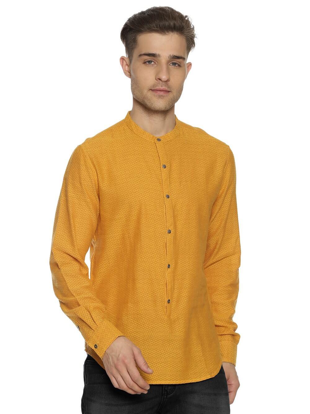 Jacquard Woven Mustard Yellow Men Slim Fit Full sleeves Shirt WeaversKnot