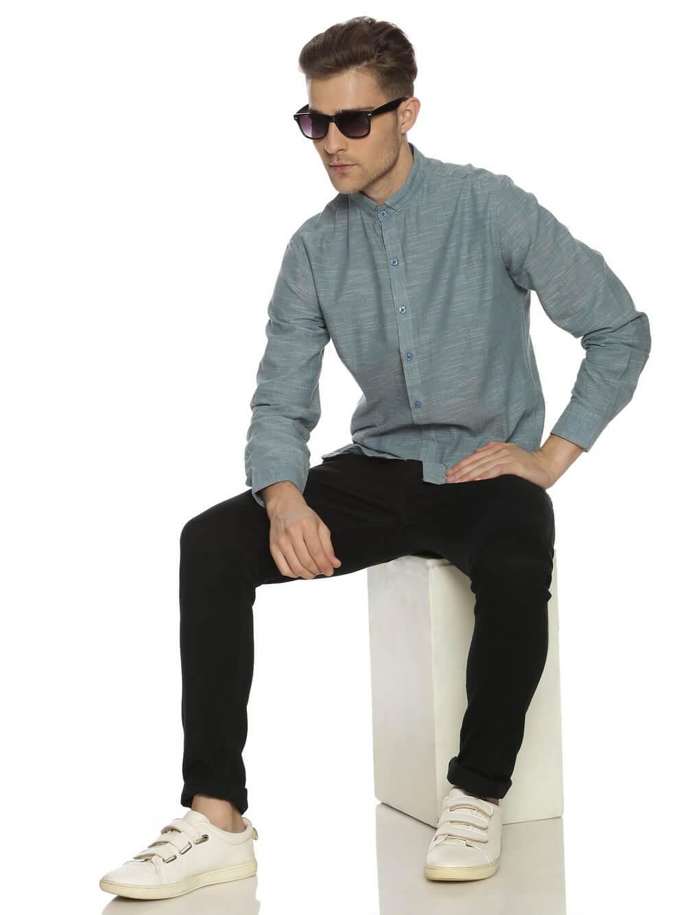 Handloom Woven Blue Men Slim Fit Shirt WeaversKnot