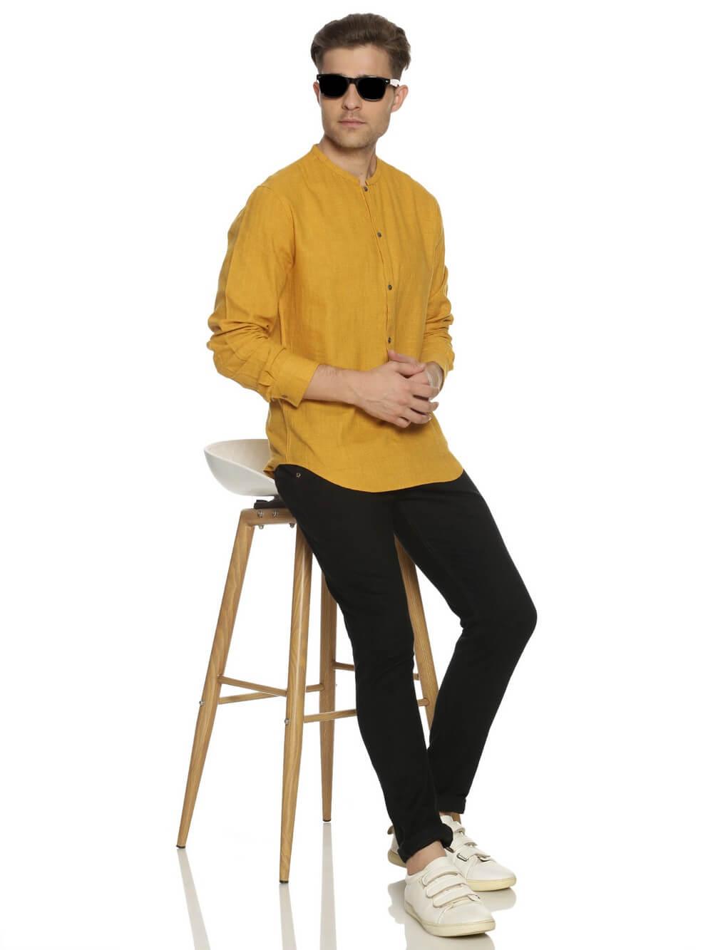 Khadi Mustard Yellow Men Slim Fit Shirt WeaversKnot