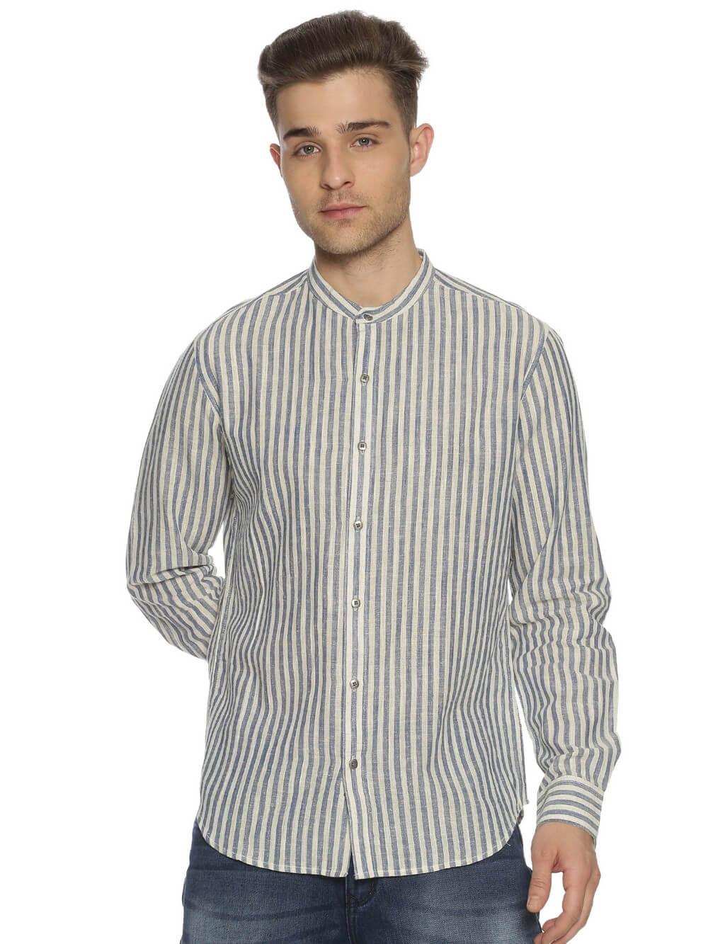 Handloom Woven Blue Stripes Men Slim Fit Shirt WeaversKnot