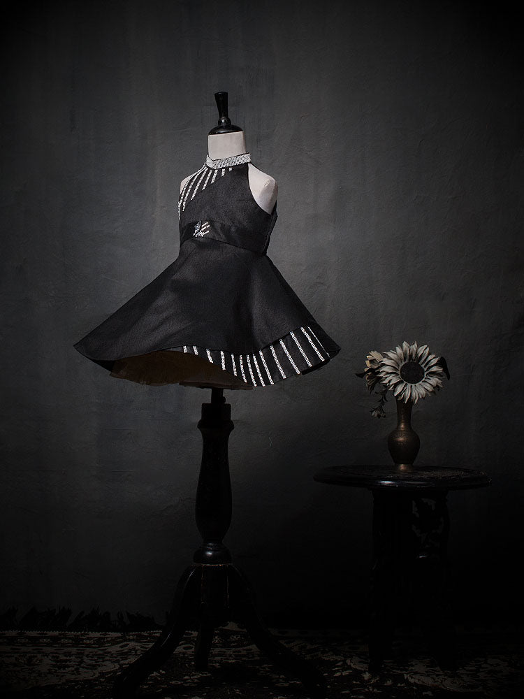 Black Raw Silk Gown with Rhinestone Stripes Highlight | Kids Wedding Dresses