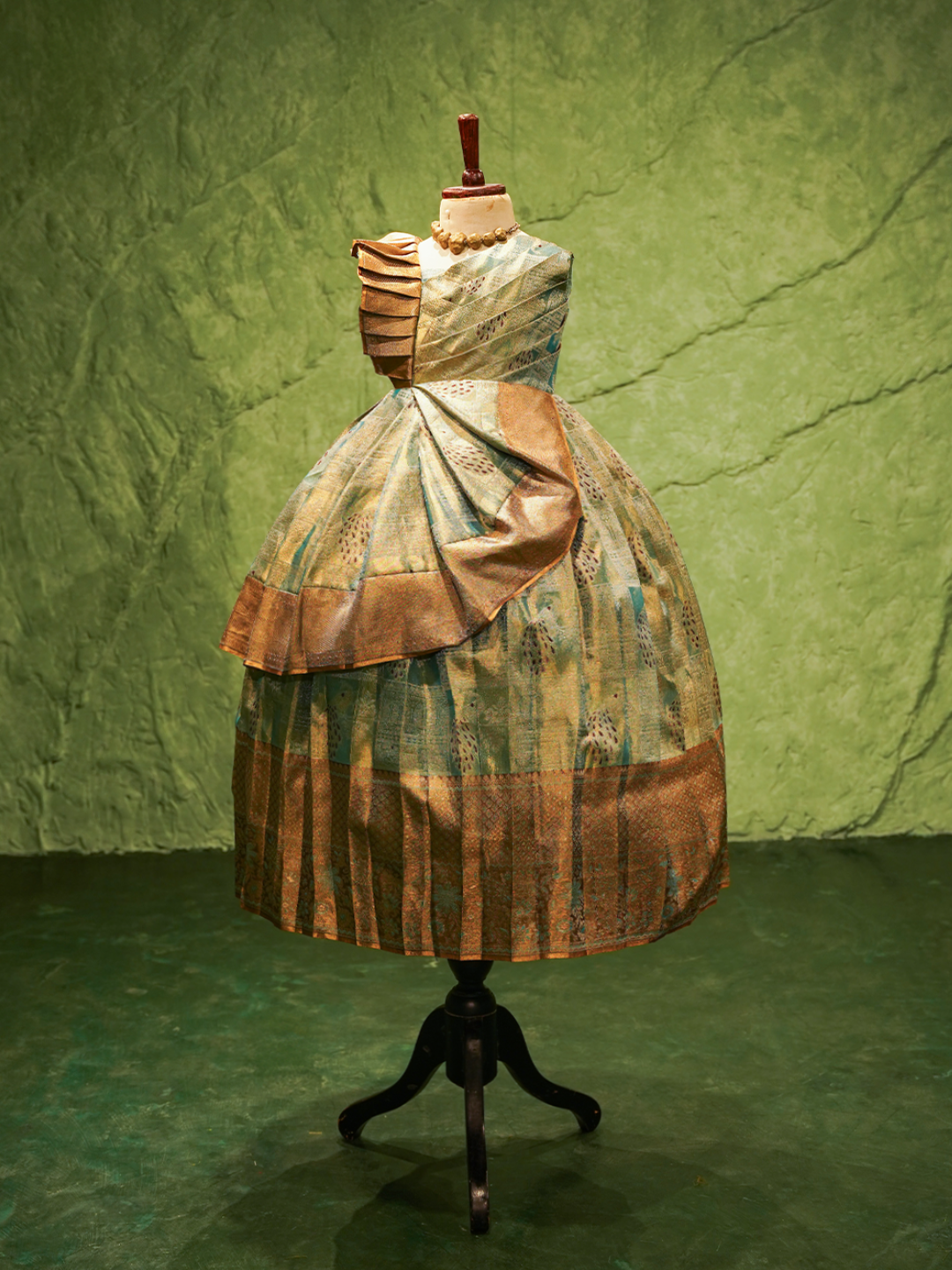 Teal & Antique Gold Kanchipuram Silk Pleated Ball Gown