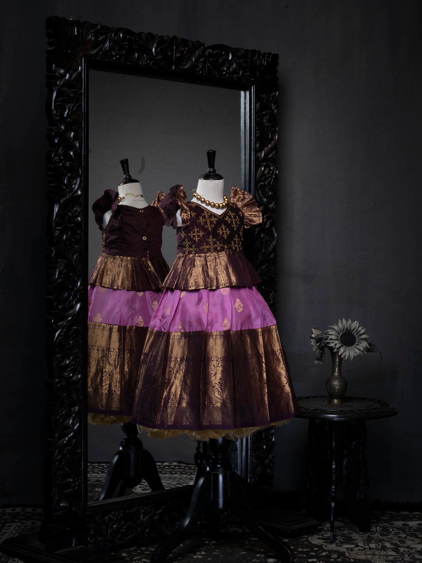 Hickory Brown and Lilac Kanjivaram Silk Pavadai Set with half-fine Zari pleated blouse