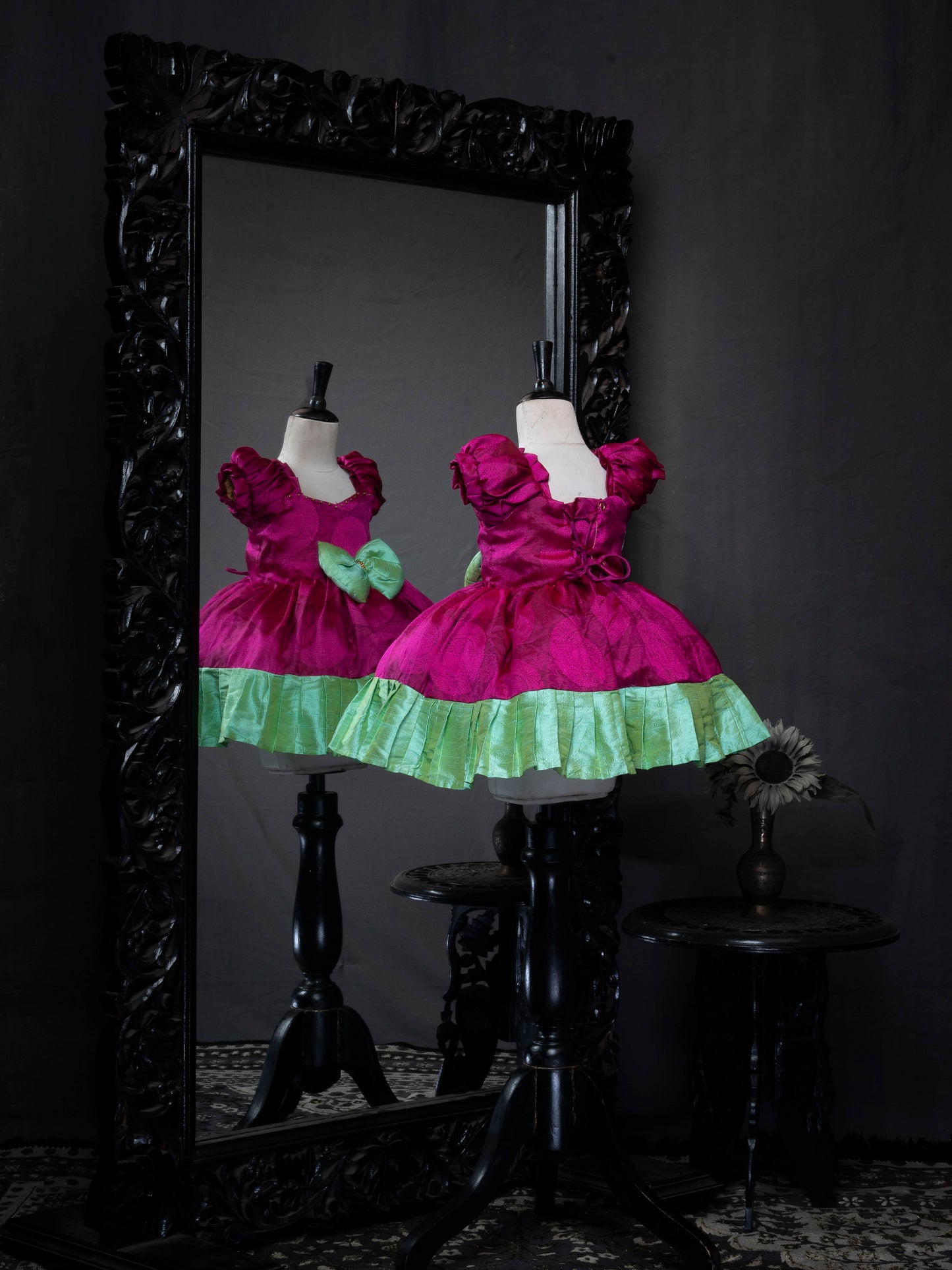 Magenta with Pleated Mint Green Kanchi Pattu Frocks for Babies | Kids Wedding Dresses