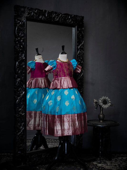 Sky Blue and Magenta Pleated Silver Zari Kanjivaram Silk Pavadai Set