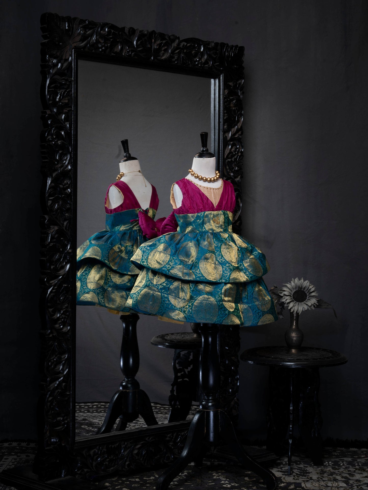 Boysenberry and Peacock Jacquard Two-Tiered Kanjivaram Silk Gown