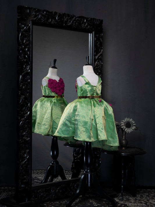 Grape Green Jacquard Rosette Kanjivaram Silk Gown