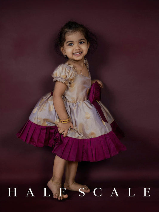 Magenta Pleated Gown | Kanchi Pattu South Indian Traditional Dress for Baby Girl