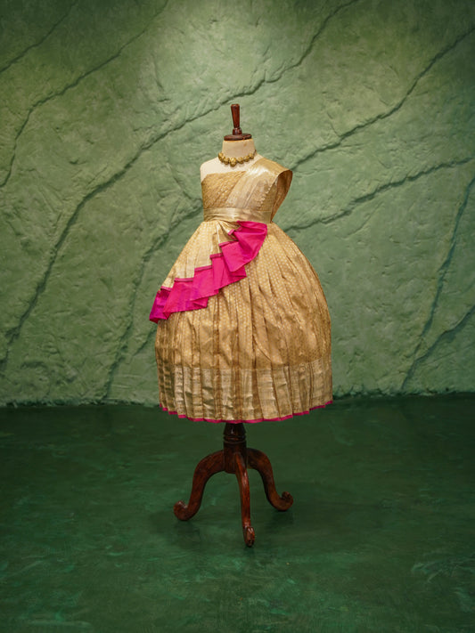 Kids Kanchipuram Silk Lehenga Gown – Gold with Pink Accent