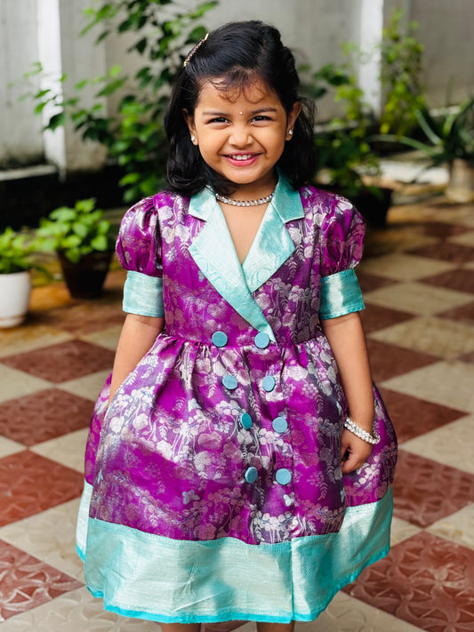 Royal Purple & Aqua Kanchipuram Silk Kids Gown with Jacket Style