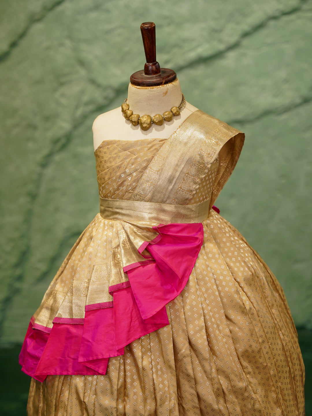 Kids Kanchipuram Silk Lehenga Gown – Gold with Pink Accent