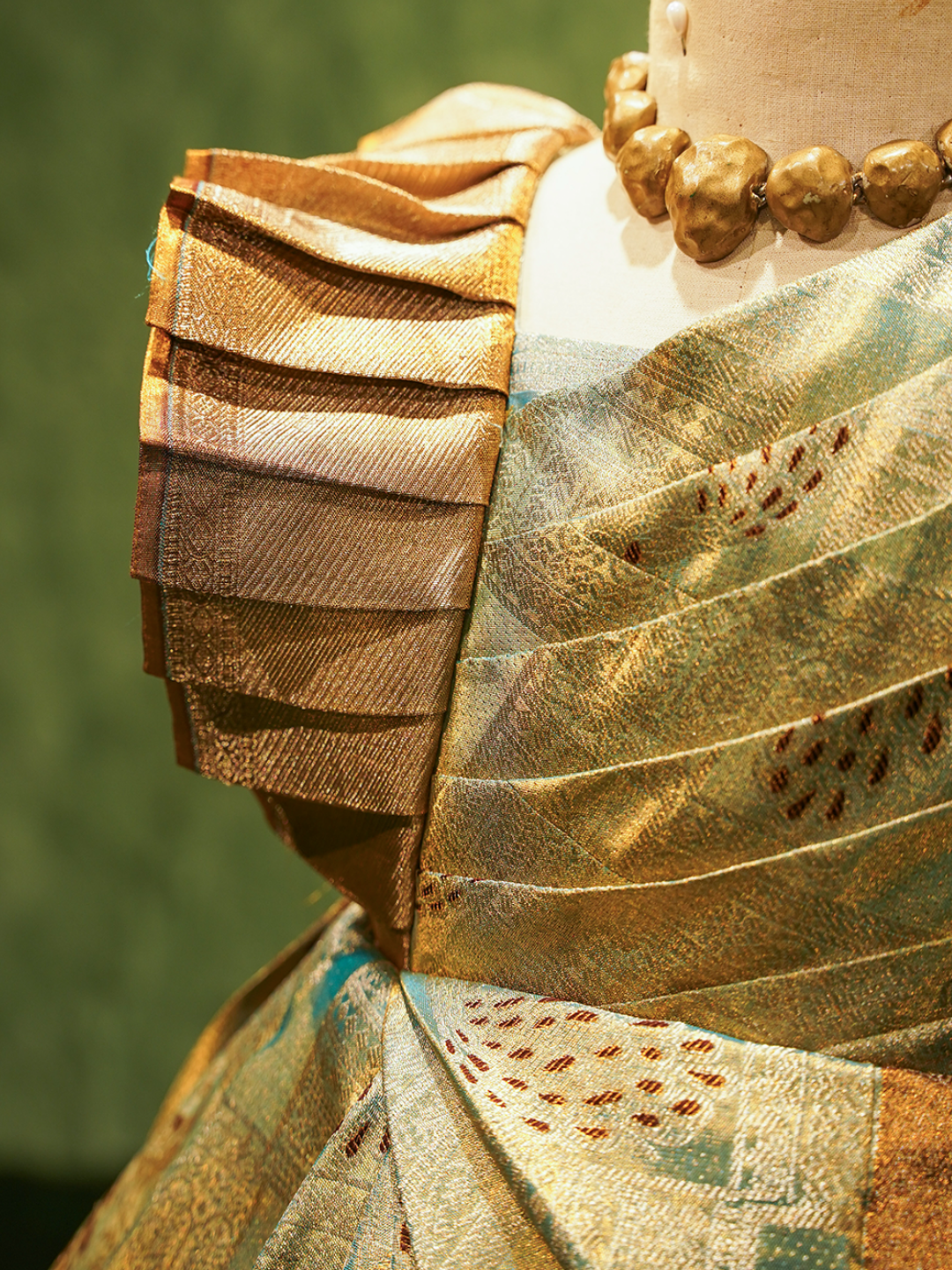 Teal & Antique Gold Kanchipuram Silk Pleated Ball Gown