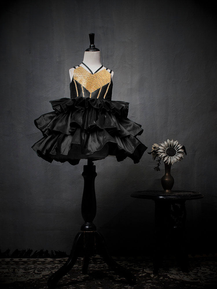 Black Raw Silk Gown with Gold Rhinestone Heart Highlight | Kids Wedding Dresses