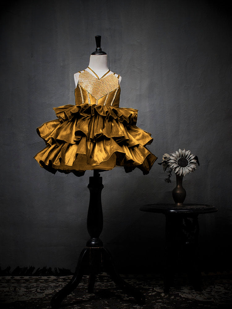 Gold Raw Silk Gown with Gold Rhinestone Heart Highlight | Kids Wedding Dresses