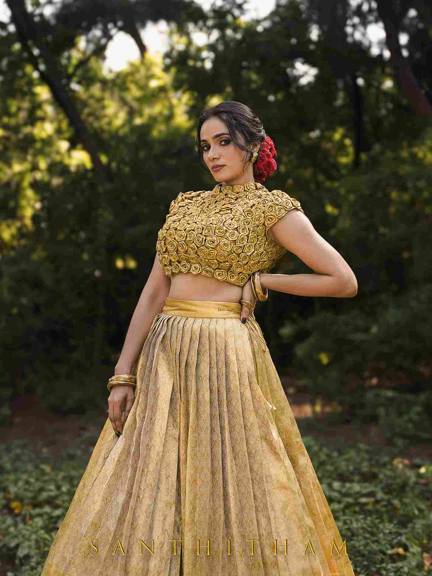 Golden Pleated Lehenga with Textured Blouse