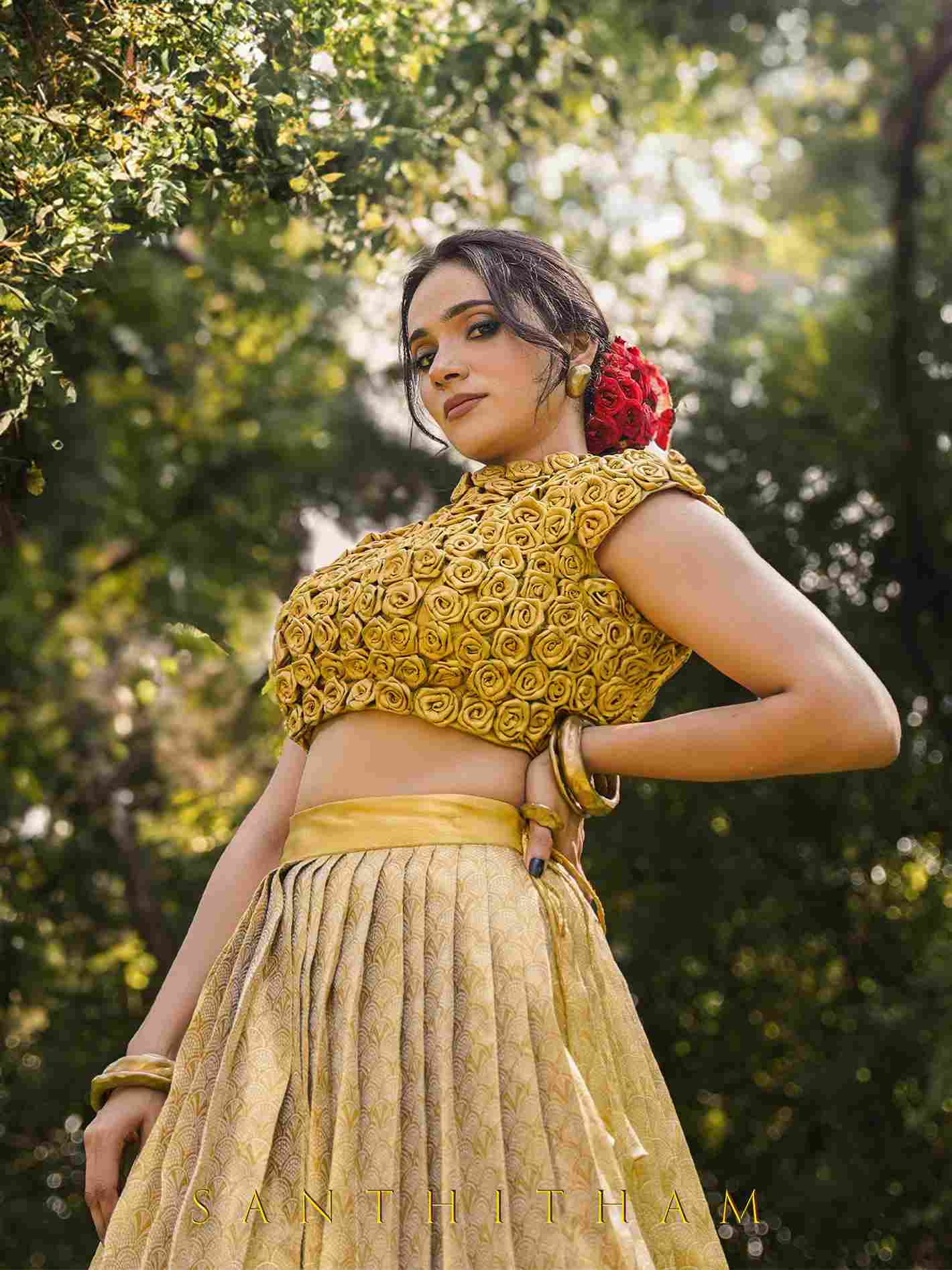 Golden Pleated Lehenga with Textured Blouse