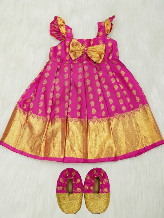 Magenta & Gold Kanchipuram Silk Party Dress for Girls with Shoes