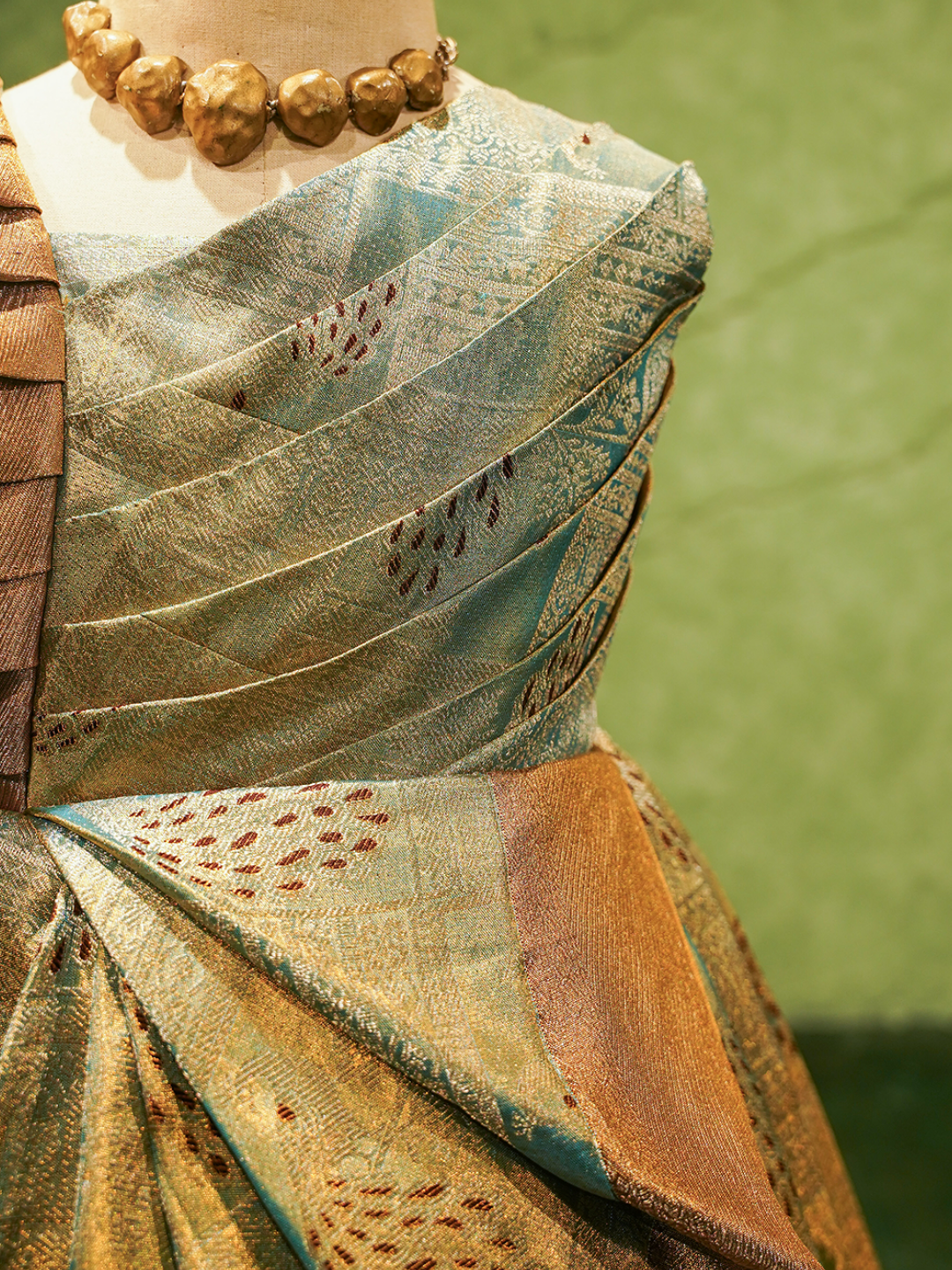 Teal & Antique Gold Kanchipuram Silk Pleated Ball Gown