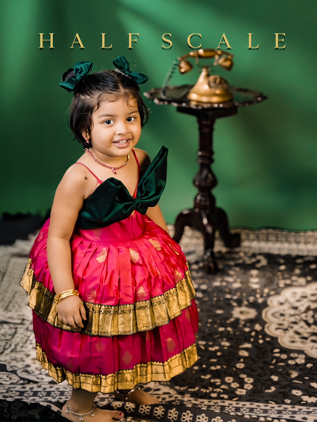 Raspberry Pink and Half Scale Green Two Tier Silk Gown for Baby Girls – Timeless Elegance for Special Occasions