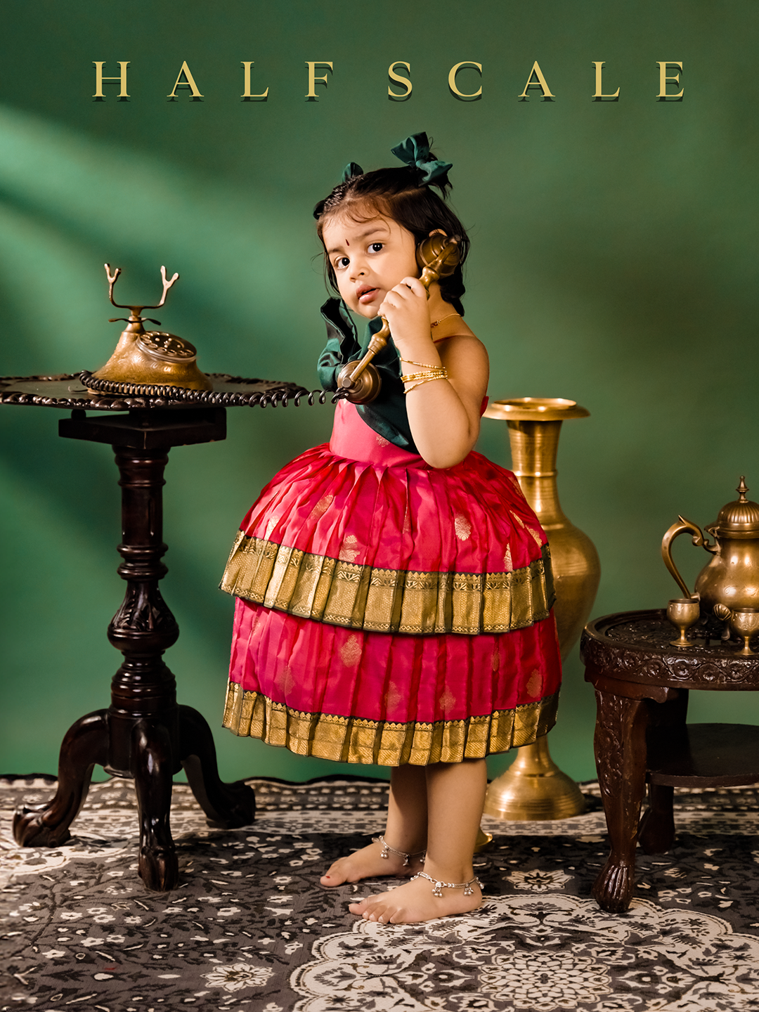 Raspberry Pink and Half Scale Green Two Tier Silk Gown for Baby Girls – Timeless Elegance for Special Occasions