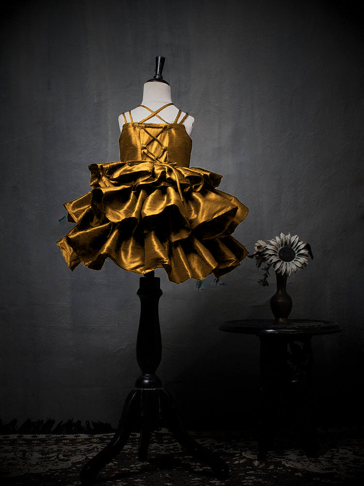 Gold Raw Silk Gown with Gold Rhinestone Heart Highlight | Kids Wedding Dresses