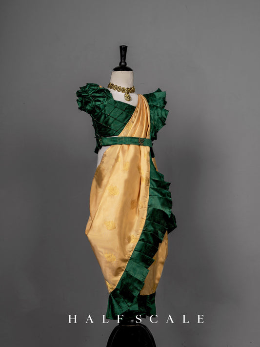 Yellow Nauvari Saree with Green Frills