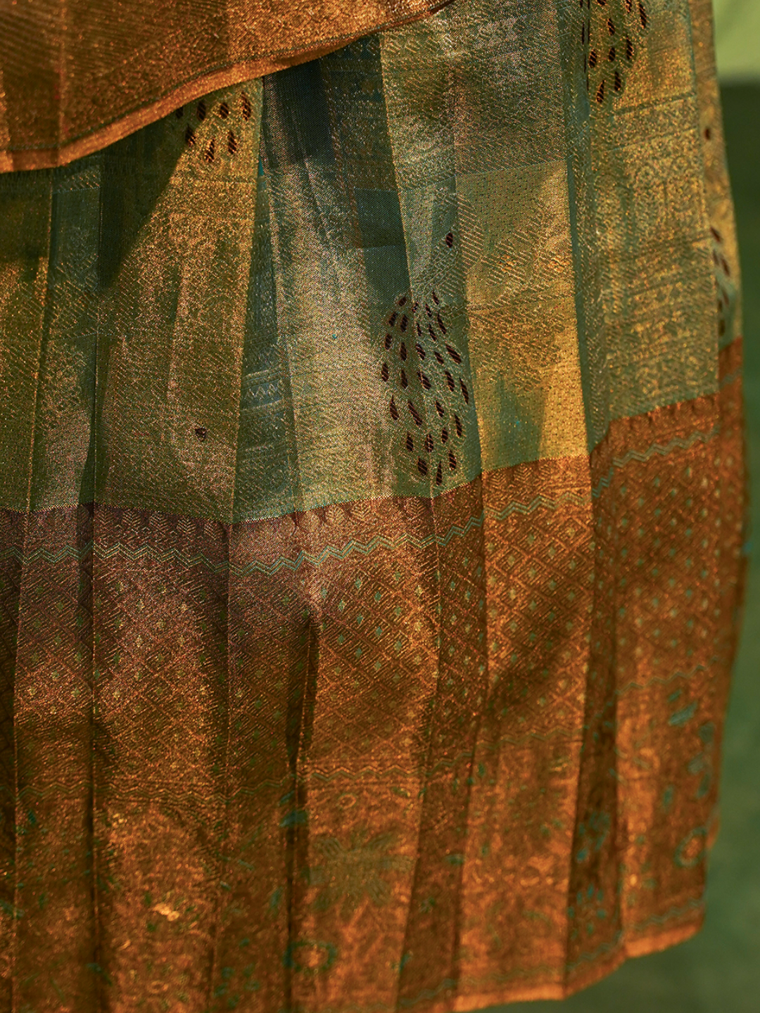 Teal & Antique Gold Kanchipuram Silk Pleated Ball Gown