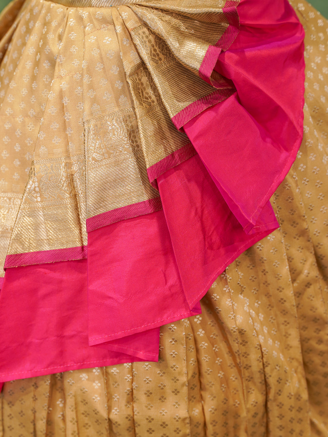 Kids Kanchipuram Silk Lehenga Gown – Gold with Pink Accent