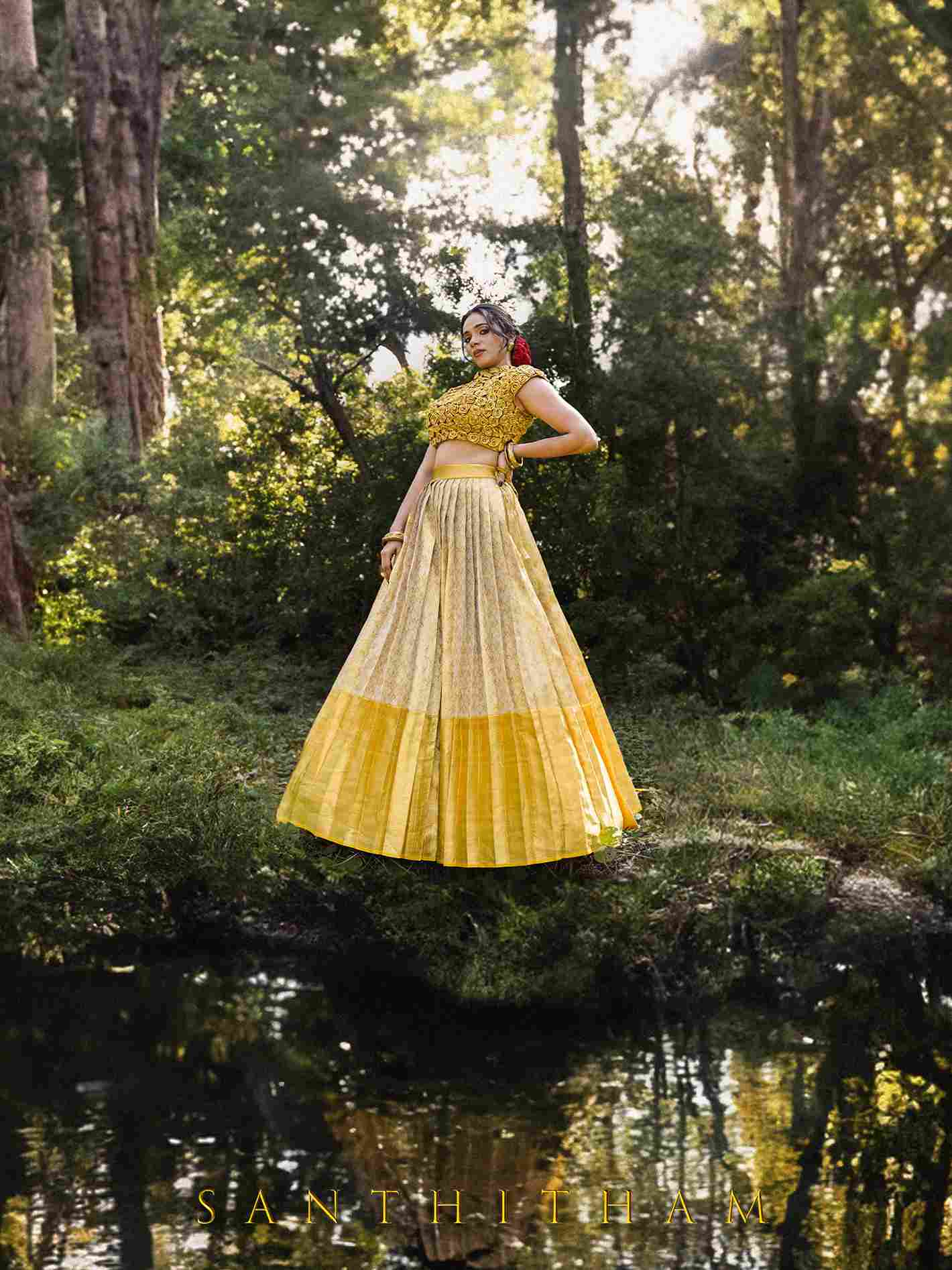 Golden Pleated Lehenga with Textured Blouse