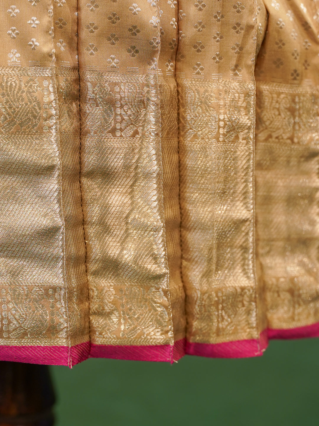 Kids Kanchipuram Silk Lehenga Gown – Gold with Pink Accent