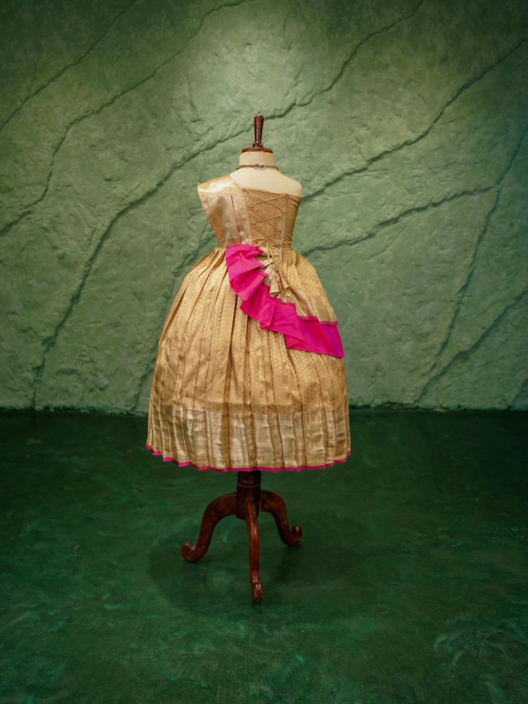Kids Kanchipuram Silk Lehenga Gown – Gold with Pink Accent
