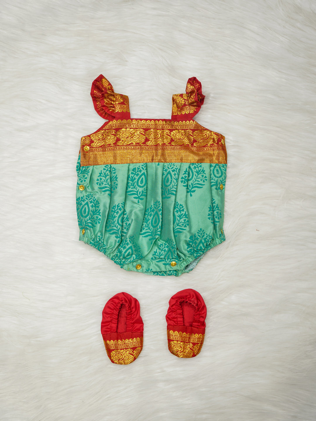 Aqua Teal & Red Silk Newborn Romper Set