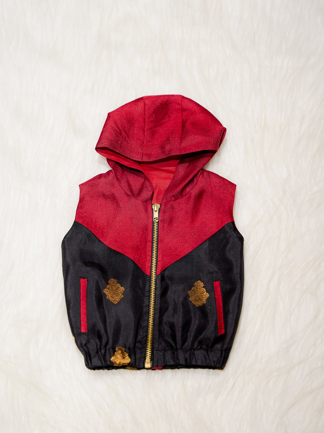Red Newborn Unisex Hooded Jacket with Zari Motifs