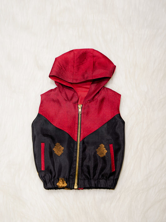 Red Newborn Unisex Hooded Jacket with Zari Motifs