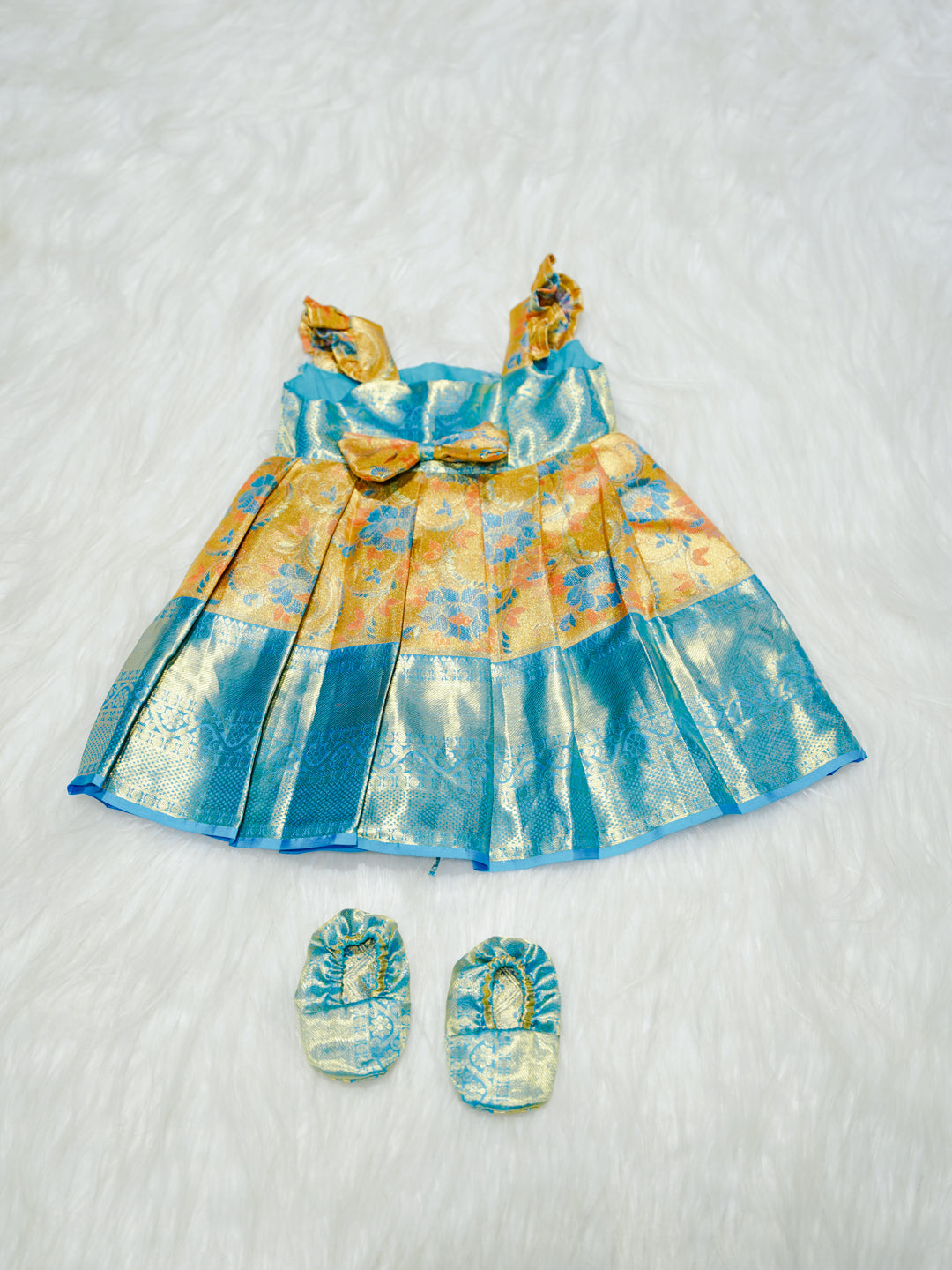 Sky Blue & Gold Floral Silk Baby Gown with Bow