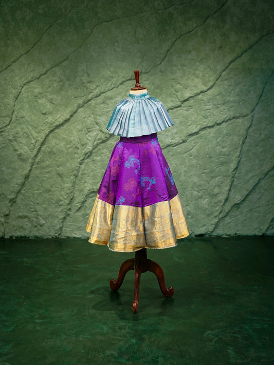 Royal Purple & Gold Kanchipuram Kids Gown with Pleated Cape