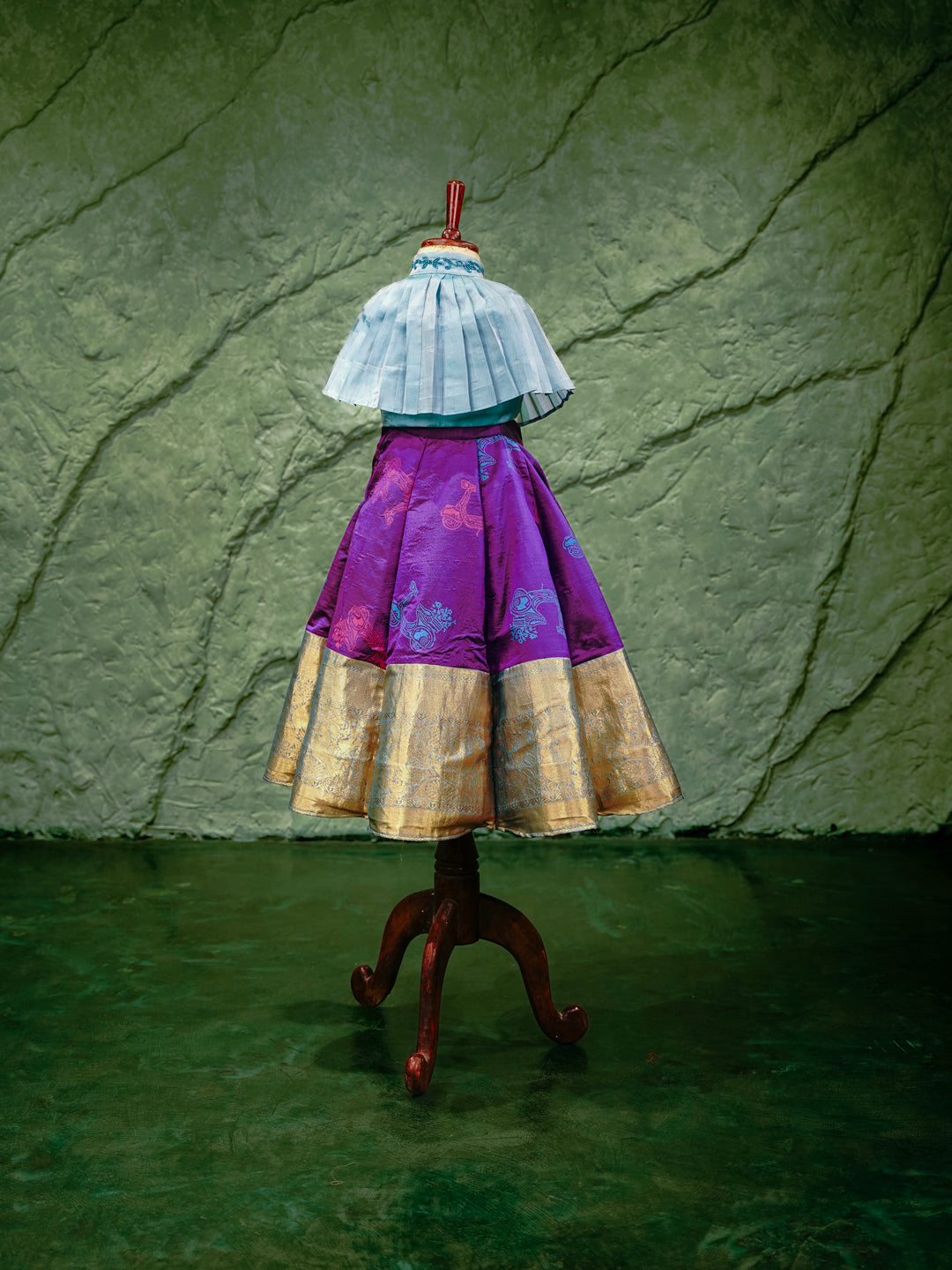 Royal Purple & Gold Kanchipuram Kids Gown with Pleated Cape